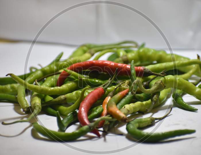 Green chilli peppers in Indian market