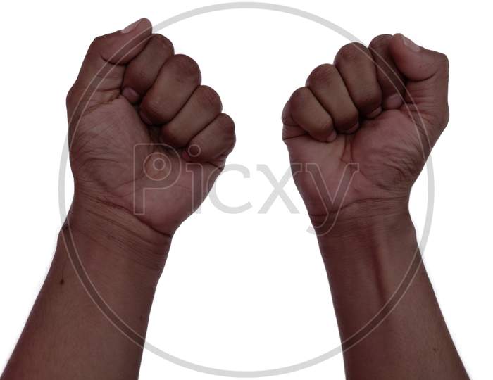 Black Skin hand on white background uprise  in support of Black lives matter protest in America for human rights.