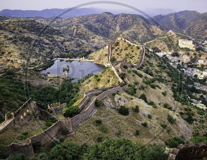 Landscape Of Fort Wall Located On Mountains In Jaipur City Of Rajasthan State In India