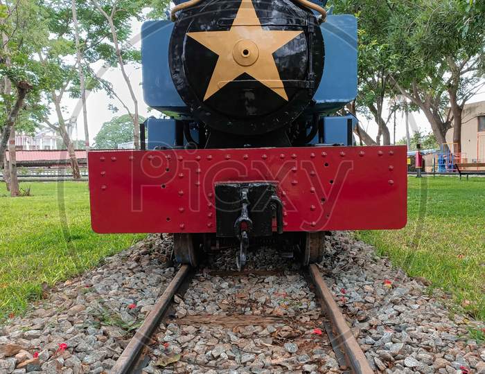 Front view of steam locomotive in Mysore rail Museum/Karnataka/India.