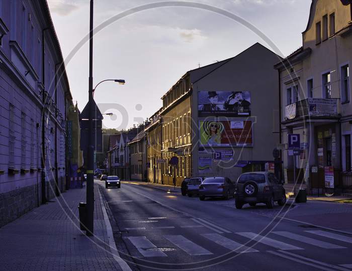 Limanowa, Poland - August 28, 2014: An Empty Street In The Evening Of A Small Town Located In Central Europe.