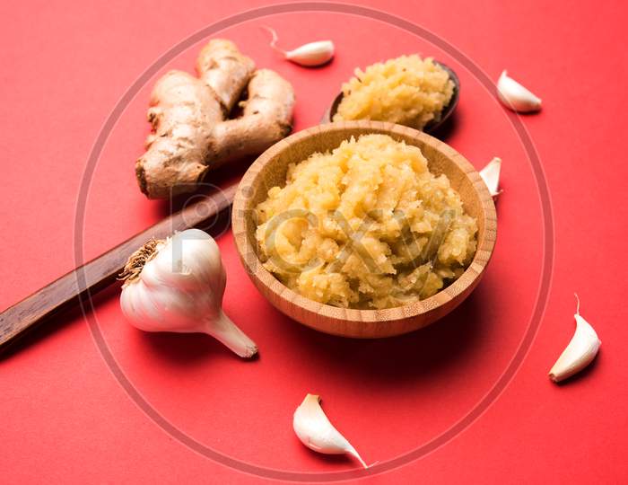 Ginger garlic paste or puree Also known as Lahsun Adrak mixture, selective focus