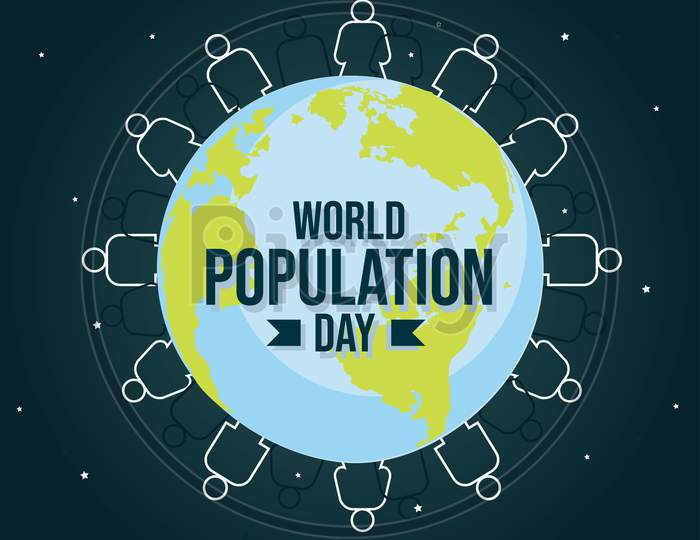 World Population Day With People, Earth, Globe And Space, Poster, Background Template, Vector Illustration