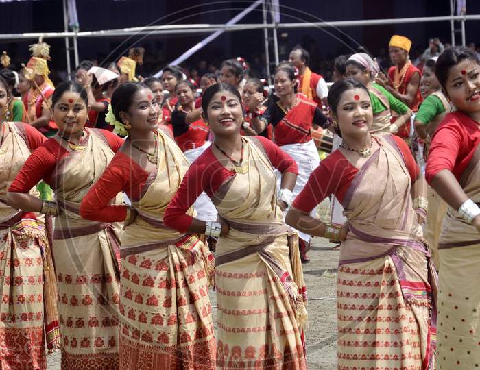 Artists performing traditional Assamese Bihu dance