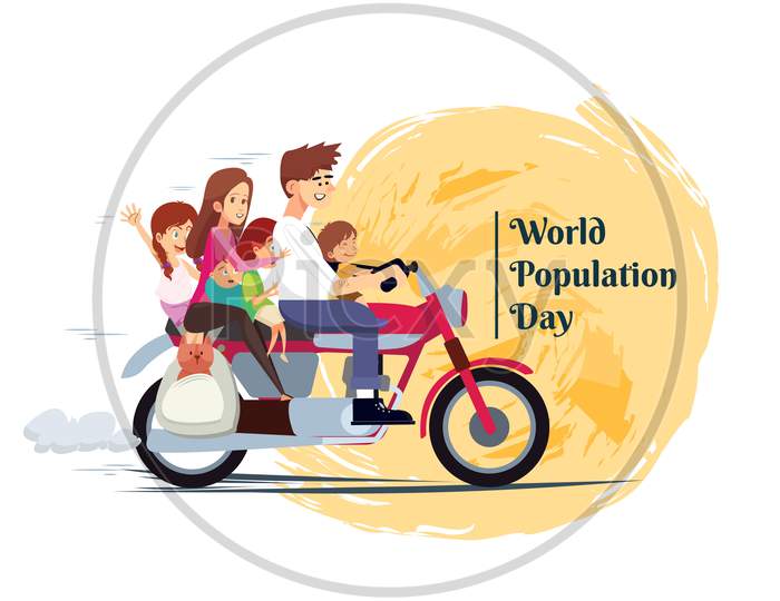 World Population Day, Whole Family With Pet Dog On Motorbike, Paint Effect Background, Illustration Vector
