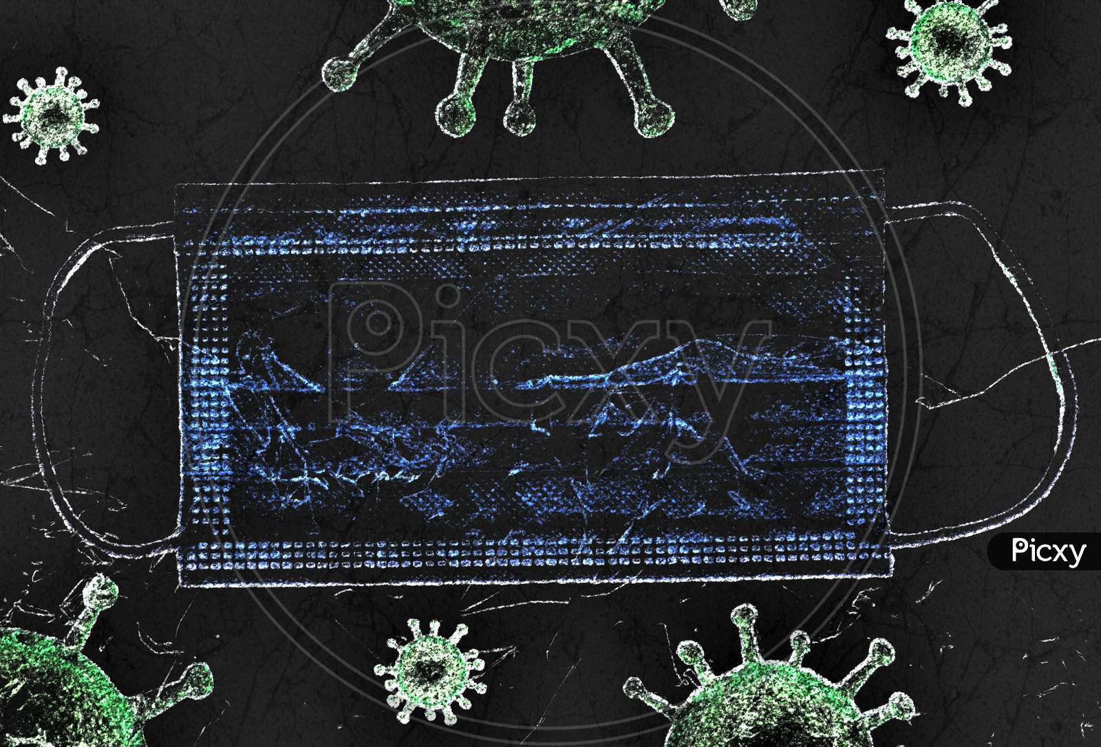 3D-Illustration Of A Chalk Blackboard In School Showing A Medical Virus Mask For Corona Virus Protection