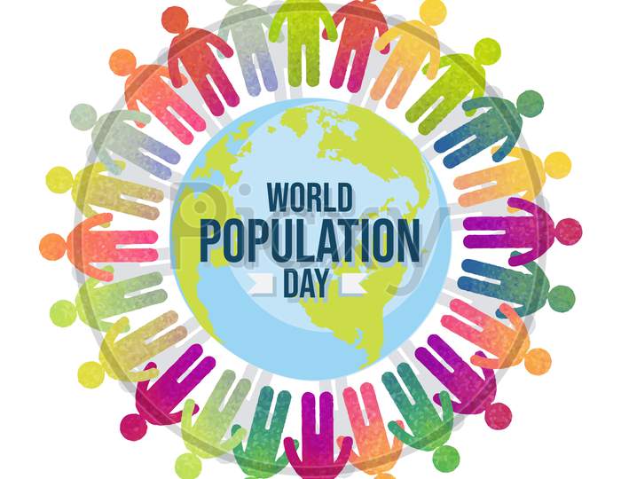 World Population Day With Colorful People, Earth, Globe, Pictogram Poster, Background Template, Vector Illustration