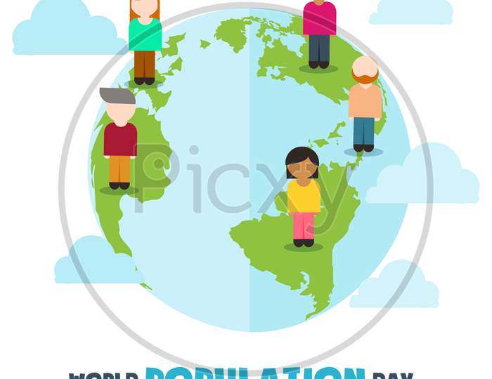 World Population Day, Cartoon People, Friendship On Earth Globe, Poster, Template, Vector Illustration