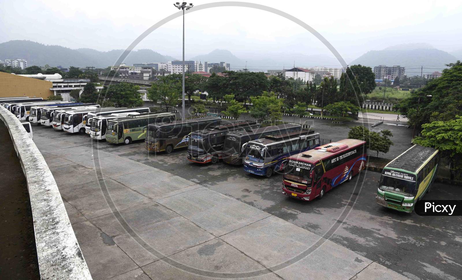 Buses stand parked at ISBT