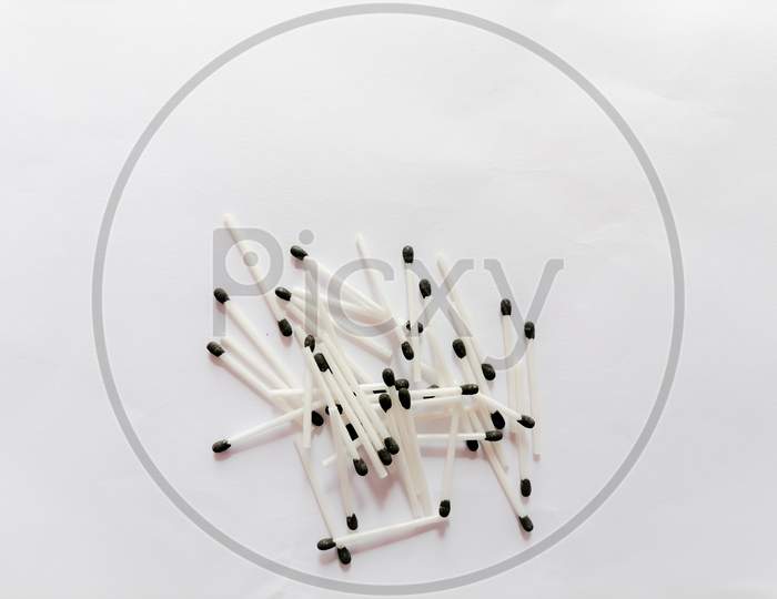 Close up view of safety wax matches with space for text in the white background
