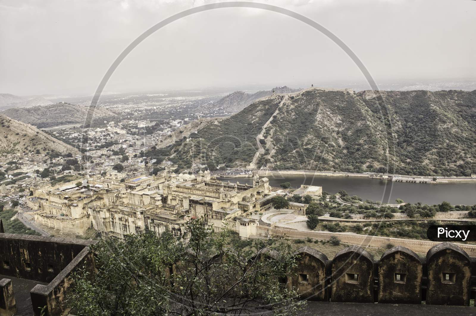 Wide Angle View Of Lake And City From A Fort Located In Jaipur City Of Rajasthan State In India