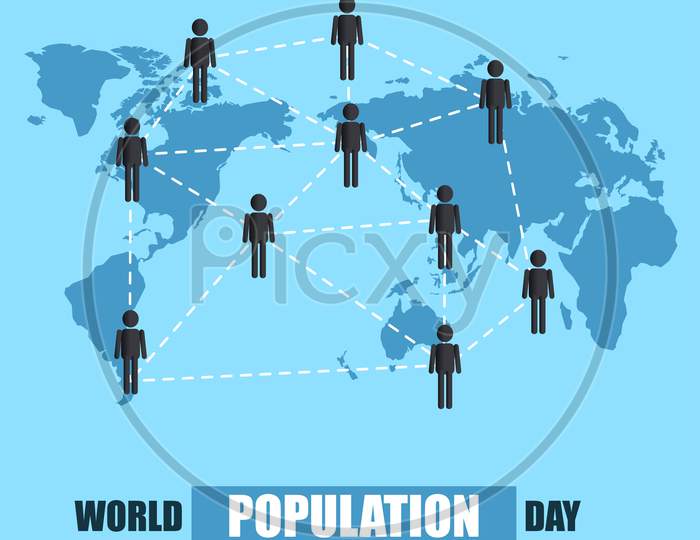 World Population Day, People Network And Connection, Blue World Map, Poster, Vector Illustration