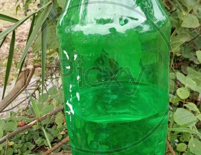 green plastic drinking Water bottle keeping under treee
