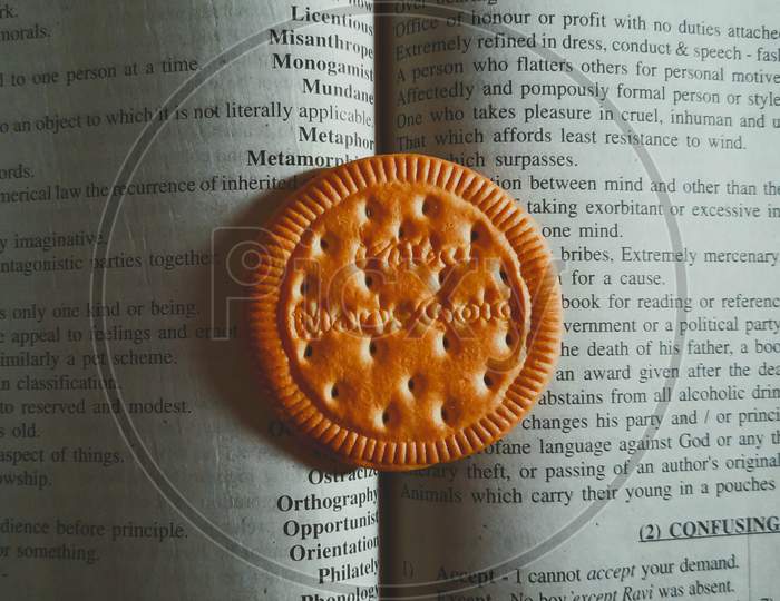 Photo of book and biscuit.