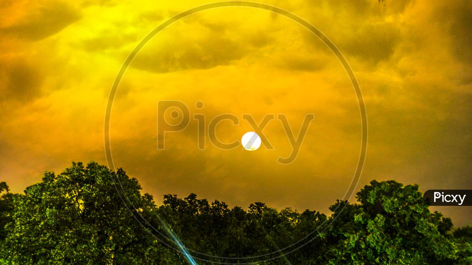 Dramatic Sky with yellowish flavored behind the green trees