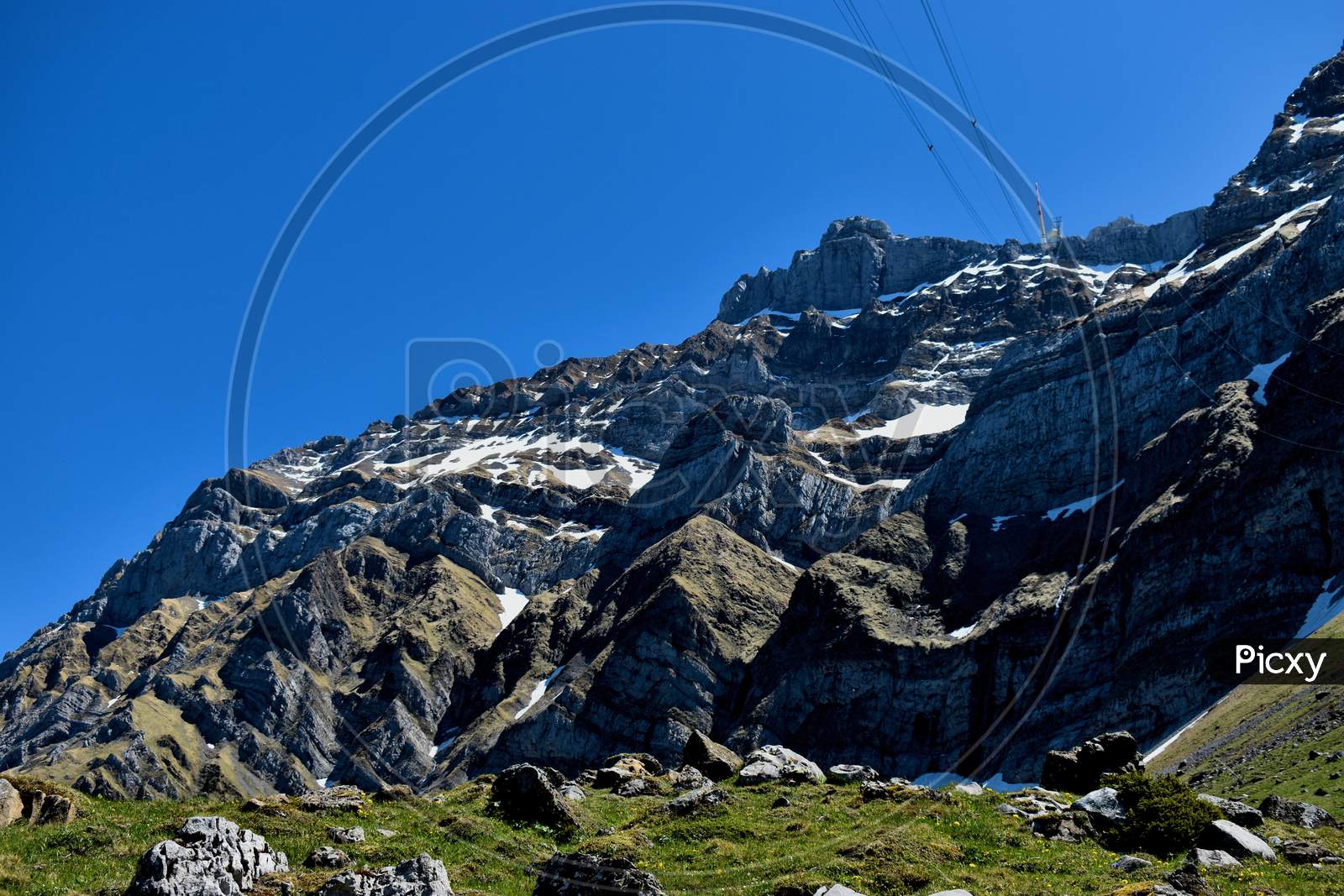 Peak of the mount Säntis in the Alpstein mountains in Switzerland 7.5.2020