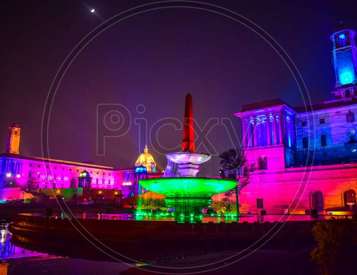 Night Time Photos Of Rashtrapati Bhavan At New Delhi,India, Indian President'S House. The Rashtrapati Bhavan