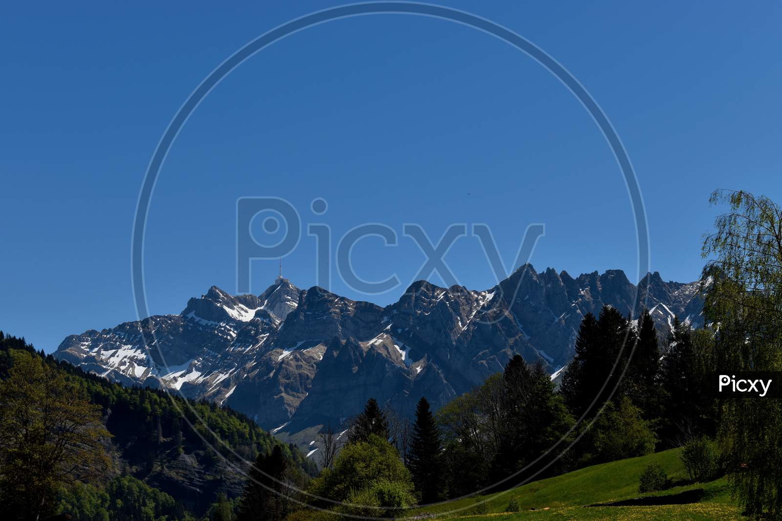 Peak of the mount Säntis in the Alpstein mountains in Switzerland 7.5.2020
