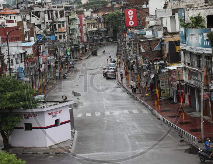 Deserted road is seen after the authorities announced complete lockdown on weekends and public holidays due to surge in COVID-19 cases, in Jammu, on August 1, 2020