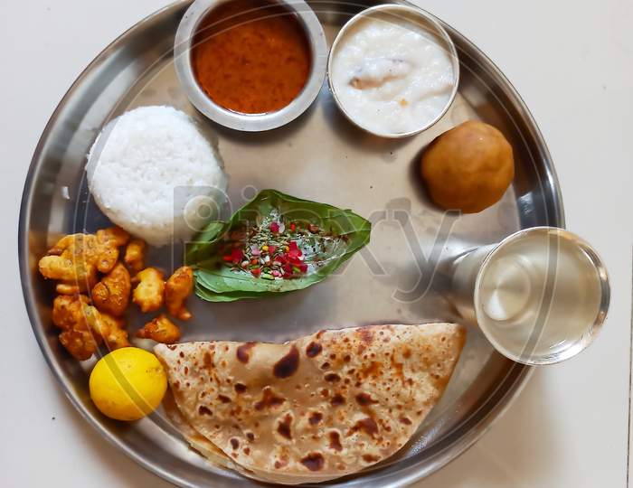 Indian special festival food thali with puranpoli