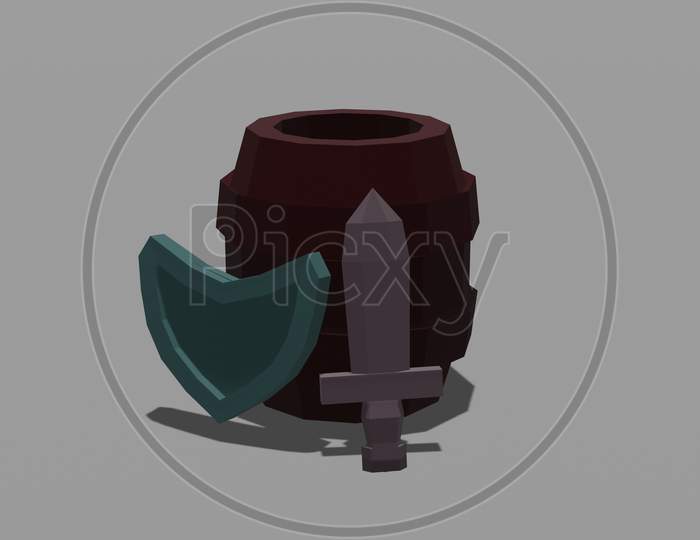 Barrel sword and shield with grey background