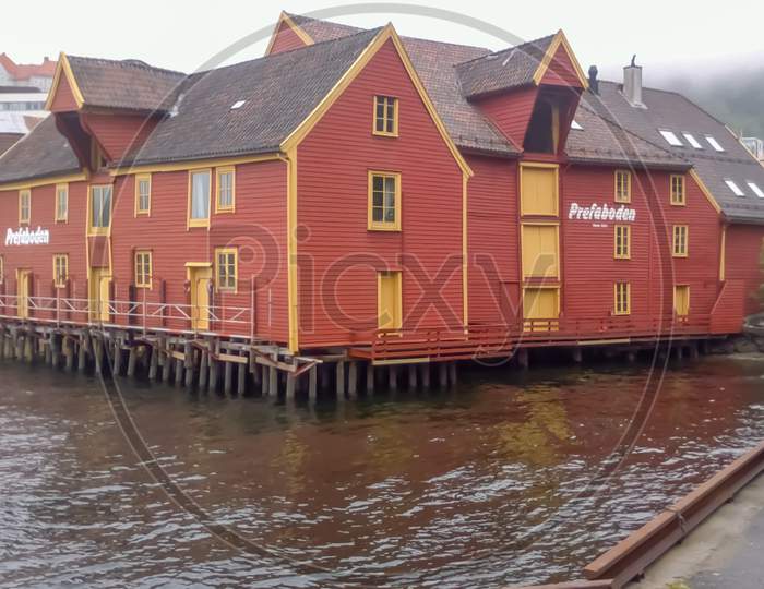 Harbour Of Bergan,Norway ,Beautiful Red Houses Near To The Pier