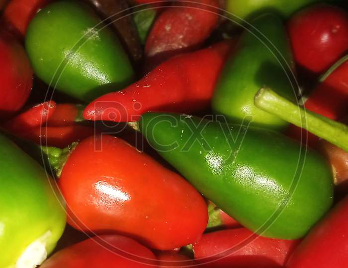 Green and Red chillies.