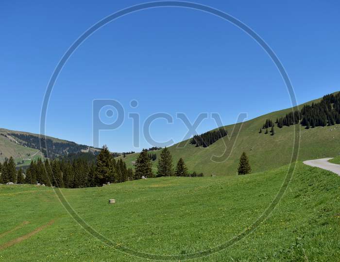 Rural landscape area just below the mount Säntis in Switzerland 7.5.2020