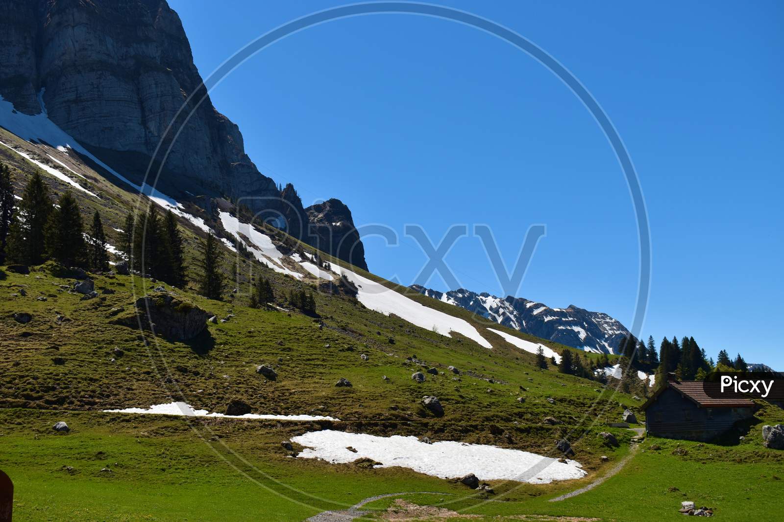 Panorama of the Alpstein mountains in Switzerland 7.5.2020