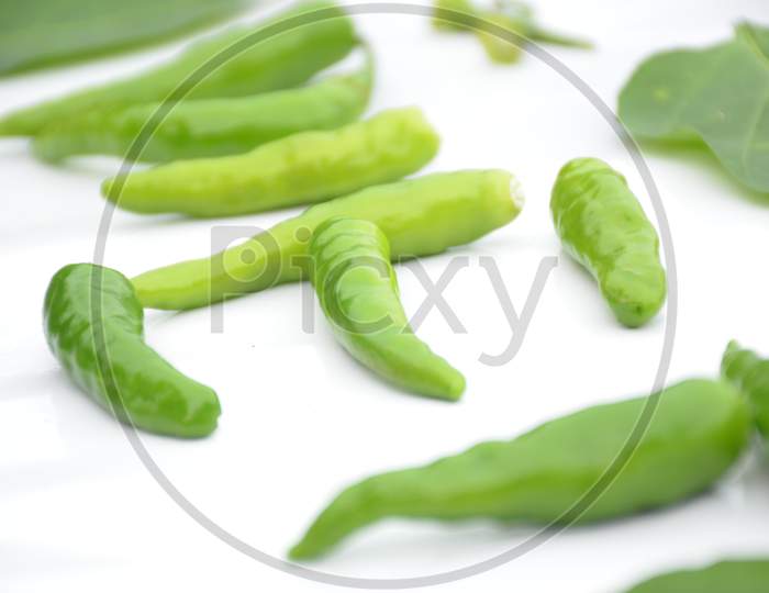 Bunch The Ripe Green Chilly Isolated On White Background