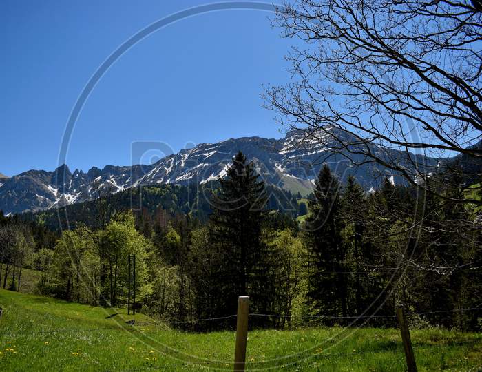 Panorama of the Alpstein mountains in Switzerland 7.5.2020