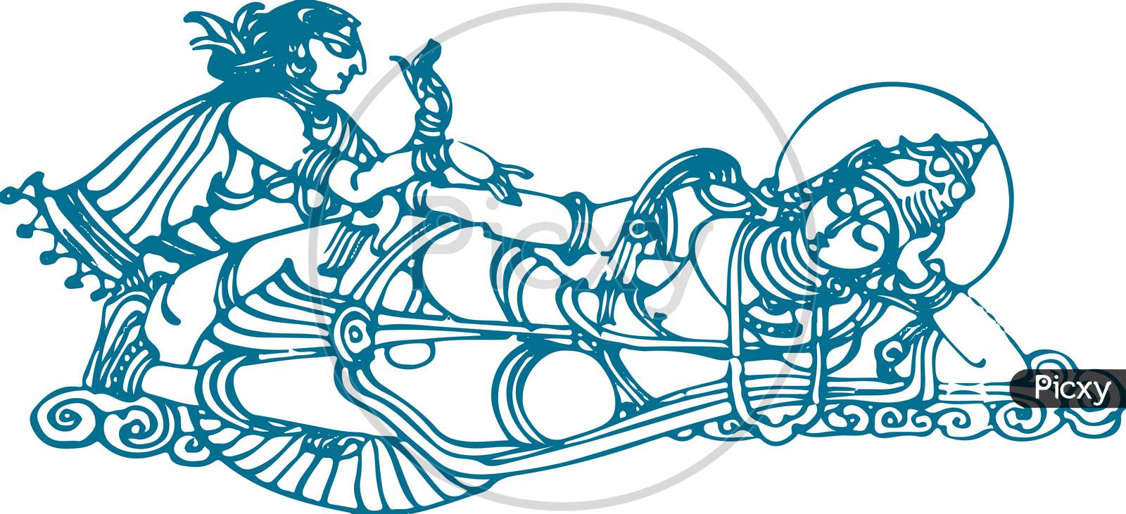 Sketch Of Goddess Lakshmi Sitting And Vishnu Sleeping Pose Editable Outline Vector Illustration