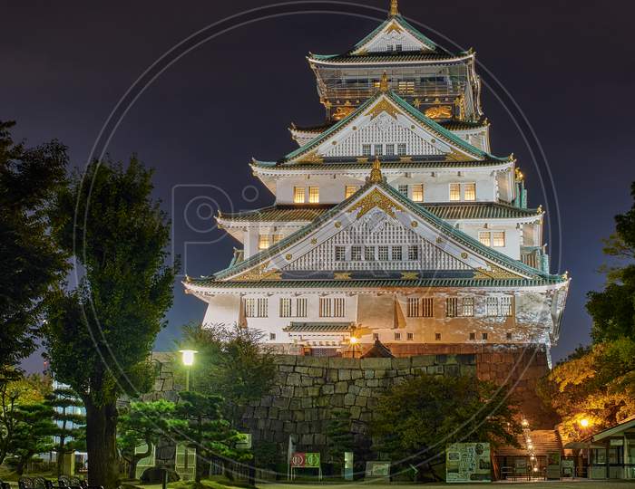 Night View Of The Main Keep Of The Osaka Castle In Osaka, Japan