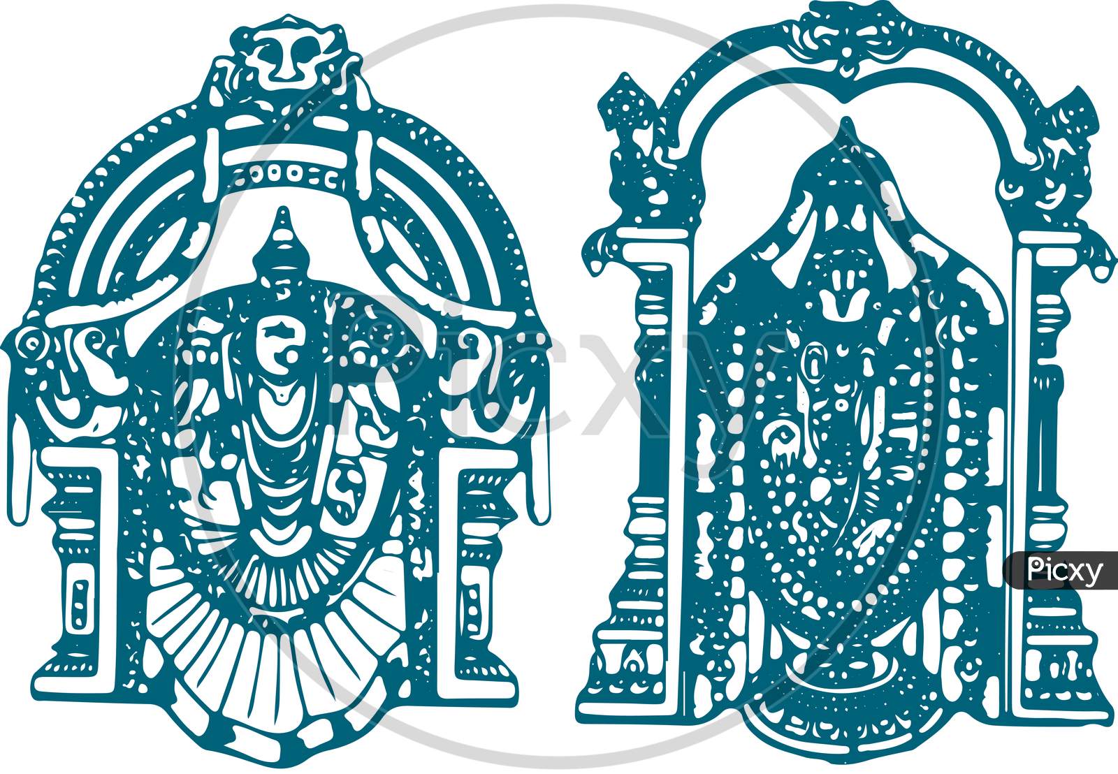 Sketch Of Lord Tirumala Venkateshwara And His Wife Padmavati, Lakshmi Or Alamelu Editable Outline Vector Illustration