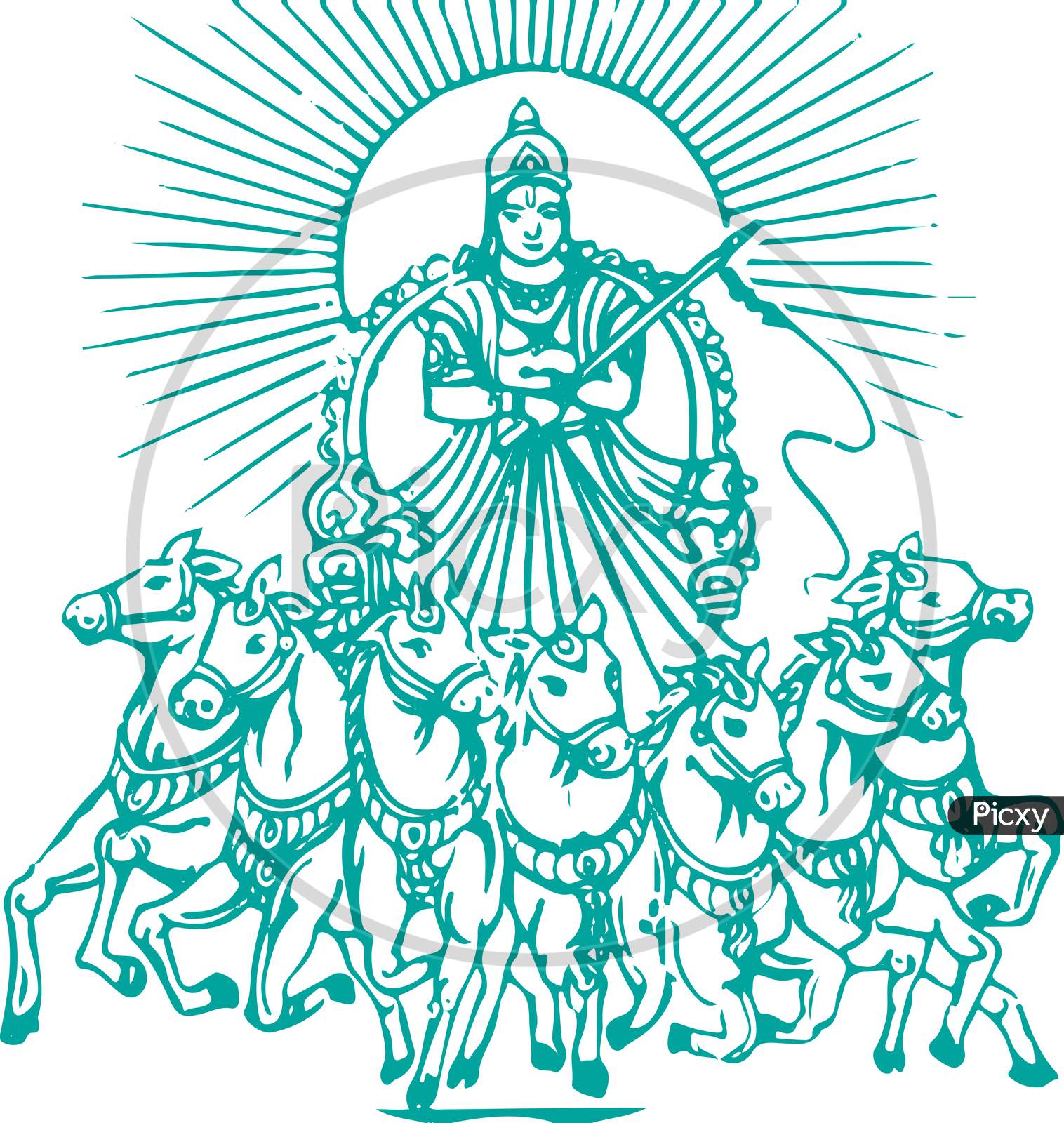 Image of Drawing Of Lord Surya Riding A Seven Horse Editable Vector ...