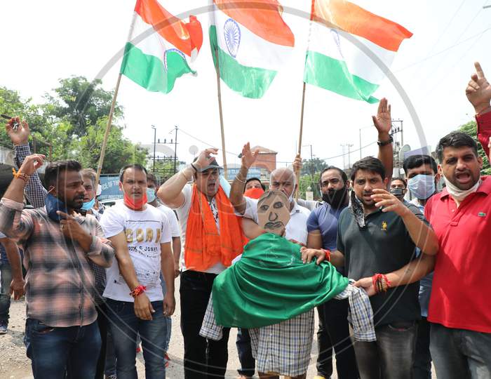 BJP activists hold an anti-Pakistan protest after the killing of Abdul Hamid Najar, the district president of BJP’s Other Backward Class (OBC), after he was attacked by unidentified gunmen in the valley, on August 10, 2020.