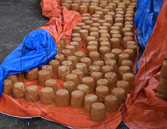 Jaggery stored in Indian industry of jaggery making