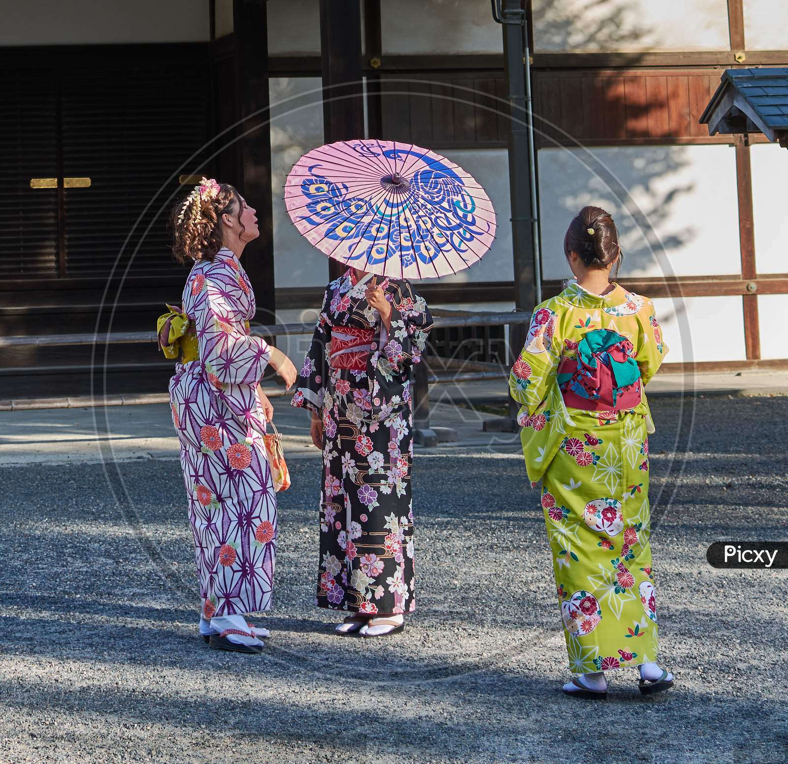 Girls In Traditional Japanese Kimonos At Nijo Castle In Kyoto, Japan