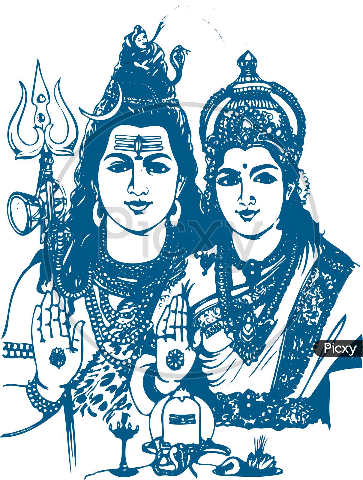 Lord Shiva And Parvati Hindu Wedding Card Design Element. Drawing Of Shiva Parvati Outline Editable Vector Illustration