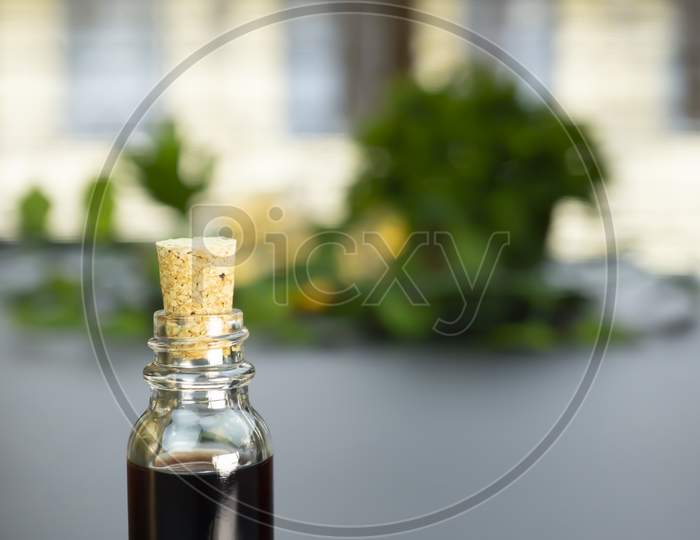 Aromatherapy solution with green leaves and flowers inside a small glass bottle with cork cap on a isolated backdrop