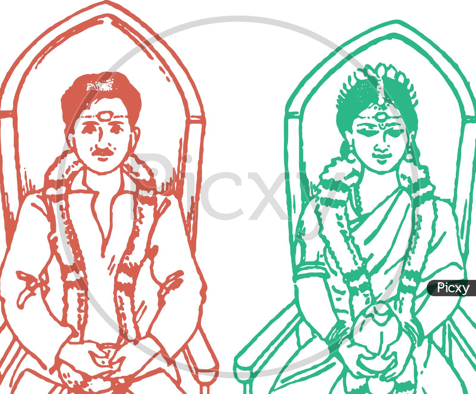 Sketch Of Bride And Groom Sitting In A Chair During Marriage. Vector Outline Editable Illustration