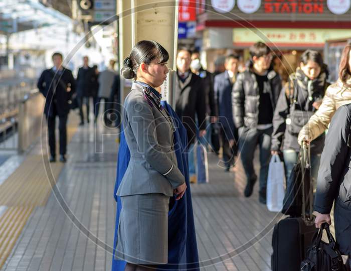 Female Train Attendant At Shin-Osaka Railway Station In Osaka, Japan