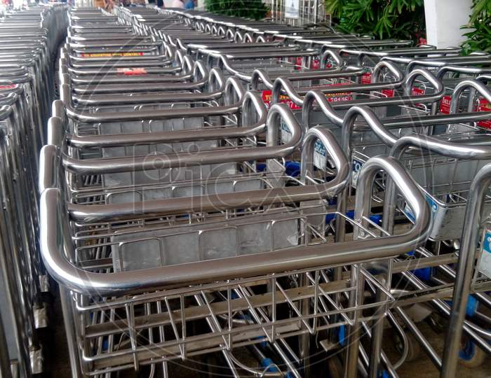 Image Of An Stainless Steel Trolley Carrier In Chennai International Airport During An Travel Journey Or Tourism