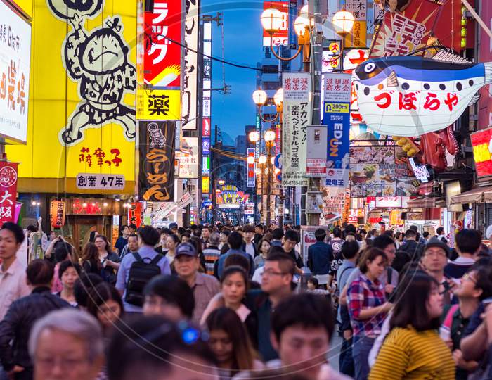 Lively Dotonbori Street In Central Osaka, Known For Its Many Restaurants, Japan