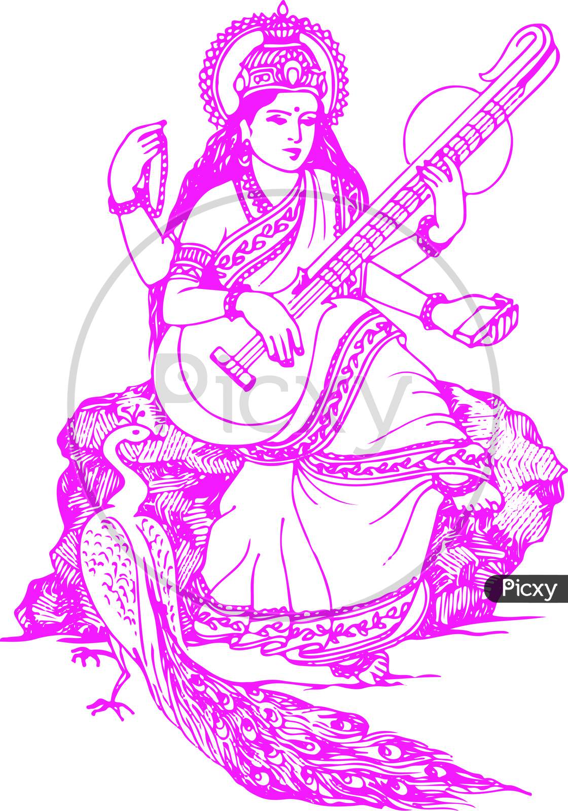 black and white drawing of indian hindu goddess Saraswati Stock Vector   Adobe Stock
