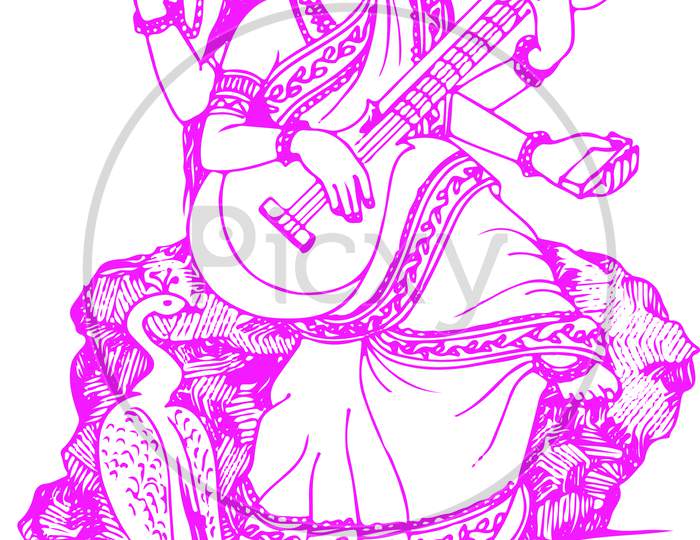 Sketch Of Lord Brahma'S Wife Goddess Saraswati Or Education God Outline Editable Vector Illustration