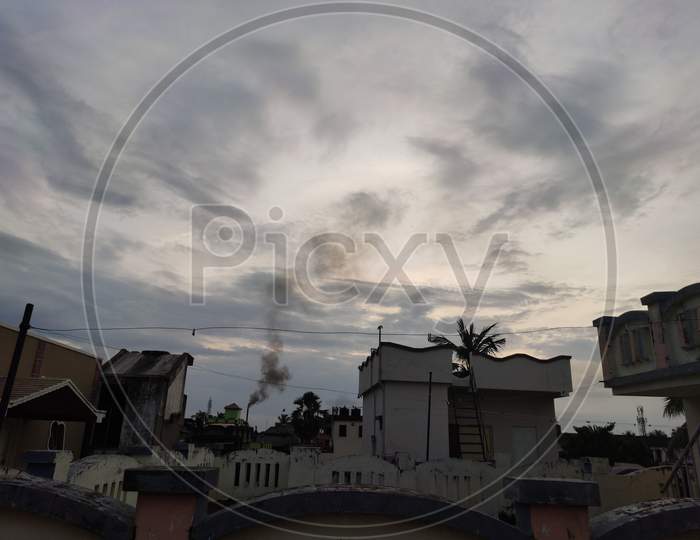 Smoke out from chimney , rural areas, polluted nature
