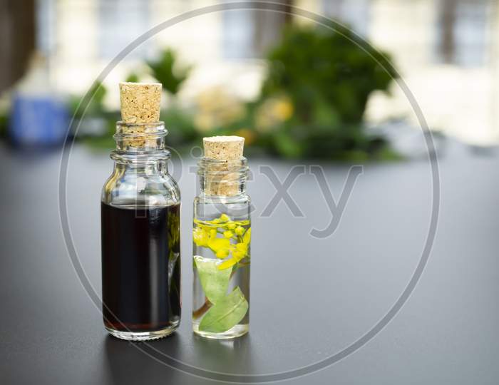 Aromatherapy solution with green leaves and flowers inside a small glass bottle with cork cap on a isolated backdrop