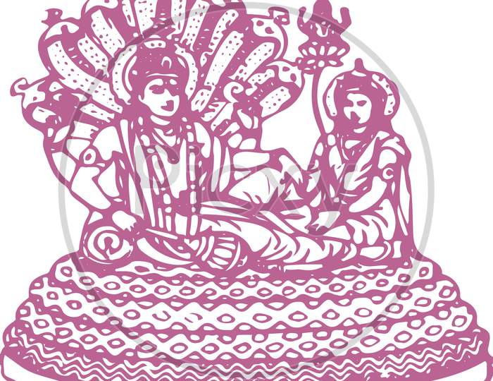 Sketch Of Goddess Lakshmi Sitting And Vishnu Sleeping Pose Editable Outline Vector Illustration
