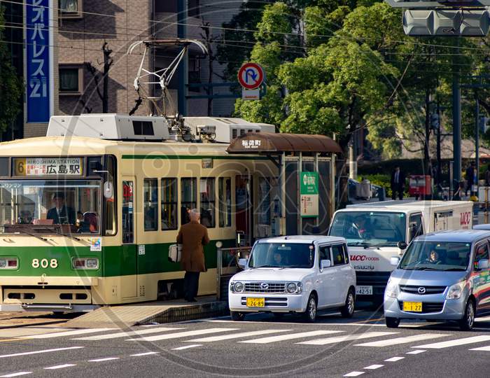 Public Tram In Downtown Hiroshima, Japan